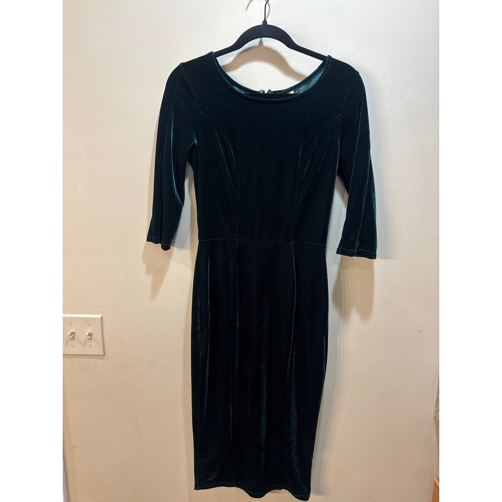 Unique Vintage Emerald Green Velvet Midi Dress 3/4 Sleeve Scoop Neck Size M 6-8 - Picture 9 of 9